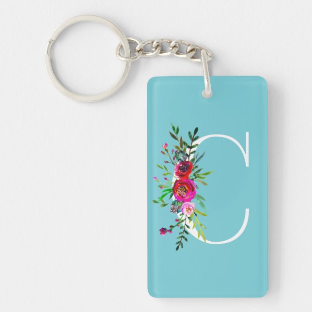 C Letter Initial Monogram Floral Custom Colour Key Ring (Front)