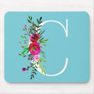 C Letter Initial Monogram Floral Custom Colour Mouse Pad