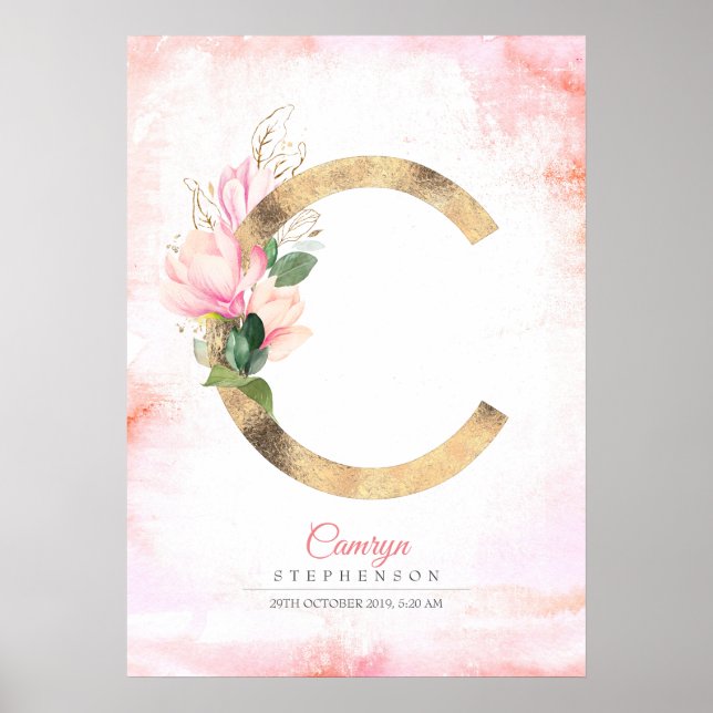 C Letter Monogram Gold Leaves Pink Magnolia Floral Poster (Front)