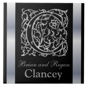 C Monogram and Name "Besque on Black" Ceramic Tile