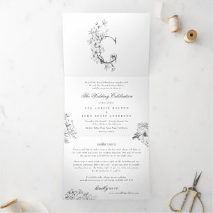 'C' Monogram Beautiful Sketched Floral Wedding Tri-Fold Invitation