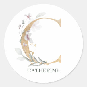 C Monogram Floral Personalised Classic Round Sticker