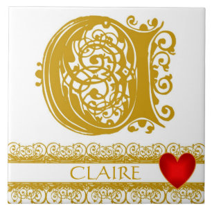 C Monogram Name Gold Lace Red Heart Template Tile