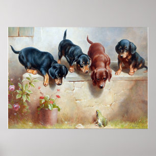 C. Reichert Painting Dachshund Puppies and Frog Poster