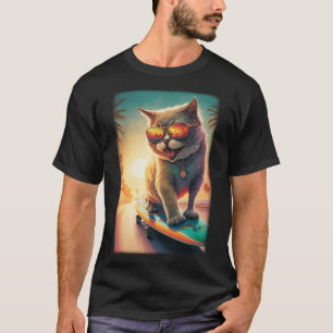Ca Cat Skateboarding Laughing Beach Cool Cat T-Shirt