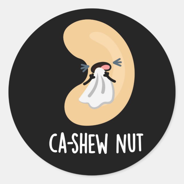 Ca-shew Funny Sneezing Cashew Nut Pun Dark BG Classic Round Sticker (Front)