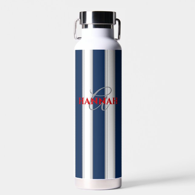 Cabana Stripe Monogram in Navy Blue Water Bottle (Front)