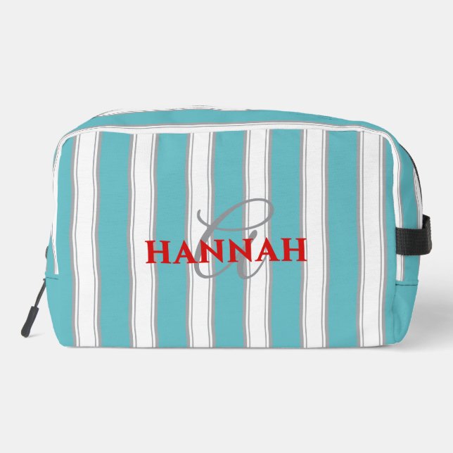 Cabana Stripe Monogram in Turquoise Blue Dopp Kit (Back)