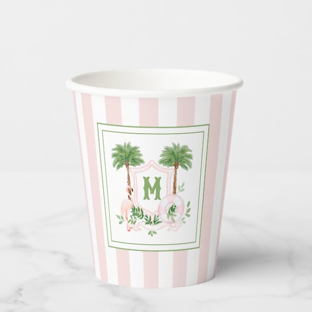 Cabana Stripes Palm Beach Monogram Crest Enclosure Paper Cups (Front)