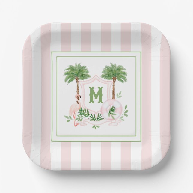 Cabana Stripes Palm Beach Monogram Crest Enclosure Paper Plate (Front)