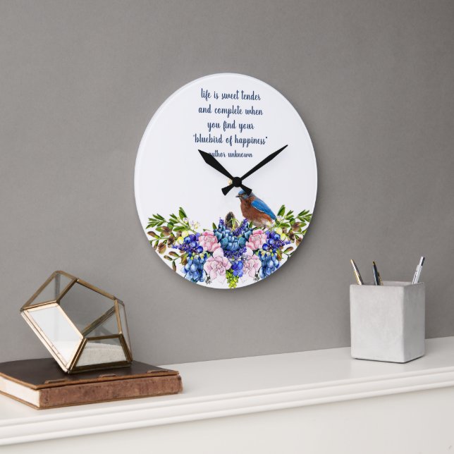 Cabbage Roses and Bliuebird Happiness Quote  Large Clock (Office)