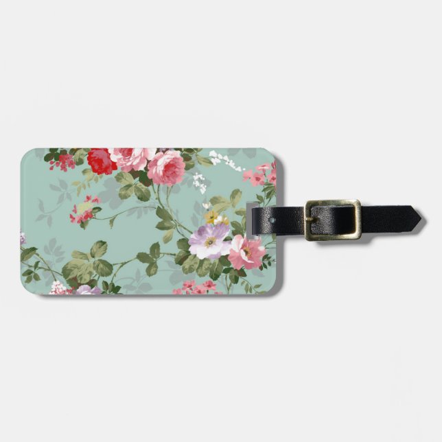 Cabbage Roses on Pale Blue Luggage Tag (Front Horizontal)