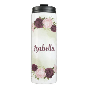 cabernet pink floral greenery thermal tumbler