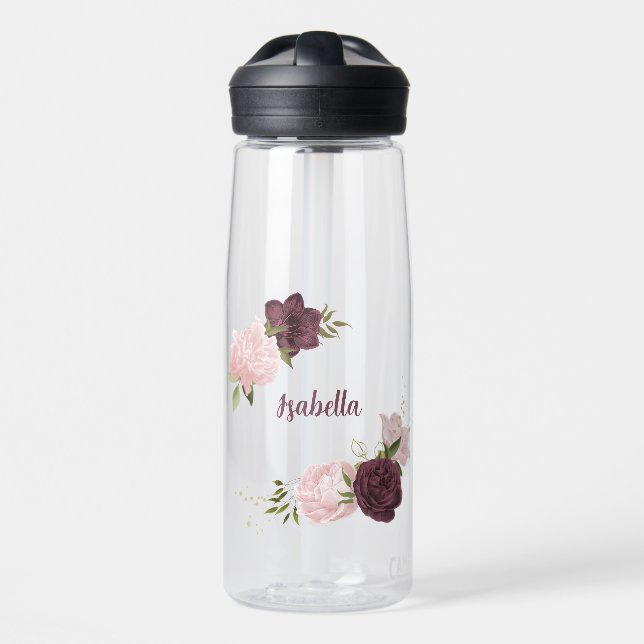 cabernet pink floral greenery  water bottle (Front)