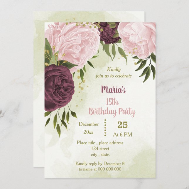 cabernet pink flowers green leaves birthday invitation (Front/Back)