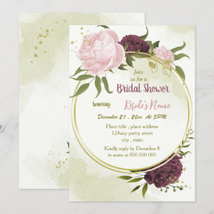 cabernet pink flowers green leaves bridal shower invitation