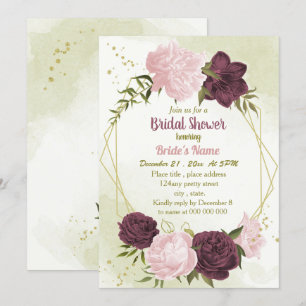 cabernet pink flowers green leaves bridal shower invitation