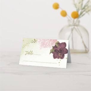 cabernet pink flowers green leaves place card