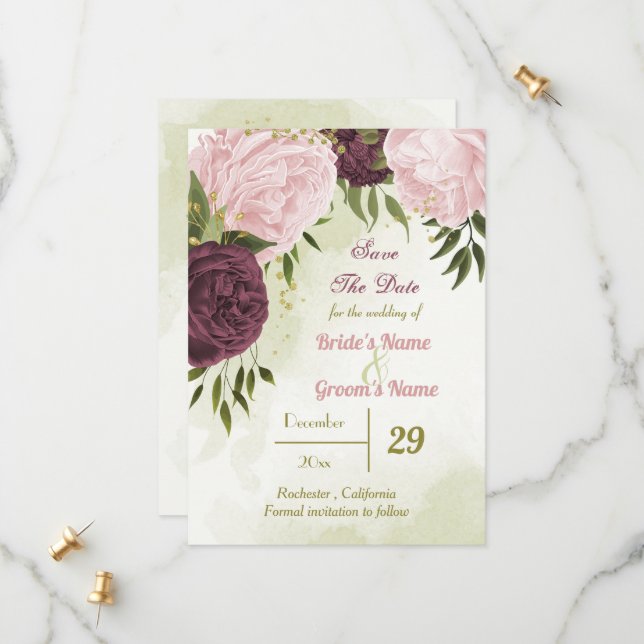 cabernet pink flowers green leaves save the date (Front/Back In Situ)