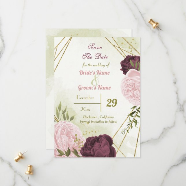 cabernet pink flowers green leaves save the date (Front/Back In Situ)