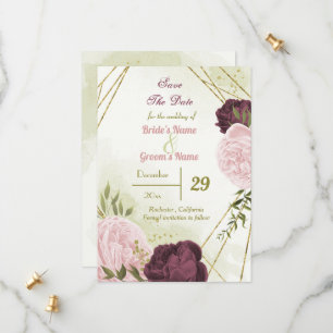 cabernet pink flowers green leaves save the date