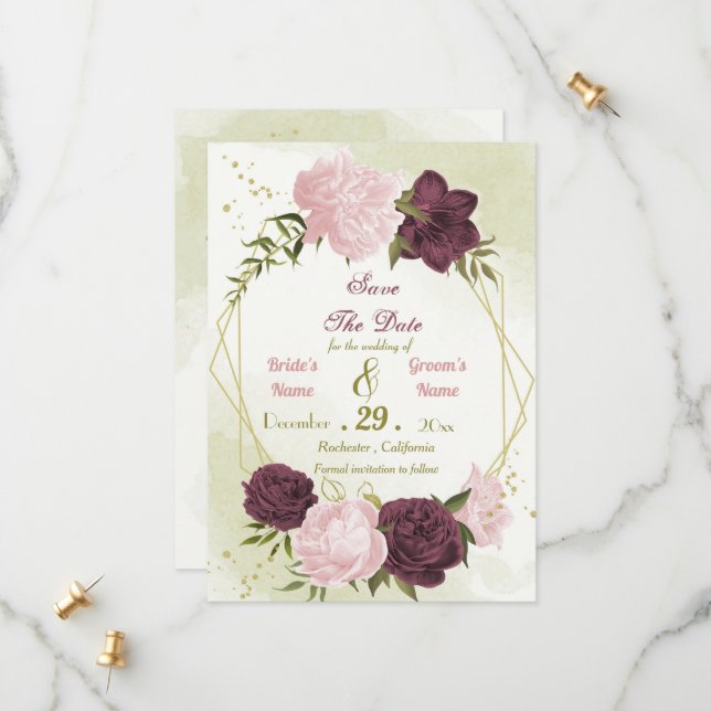 cabernet pink flowers green leaves save the date (Front/Back In Situ)