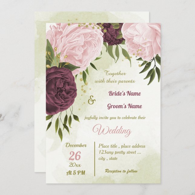cabernet pink flowers green leaves wedding invitation (Front/Back)