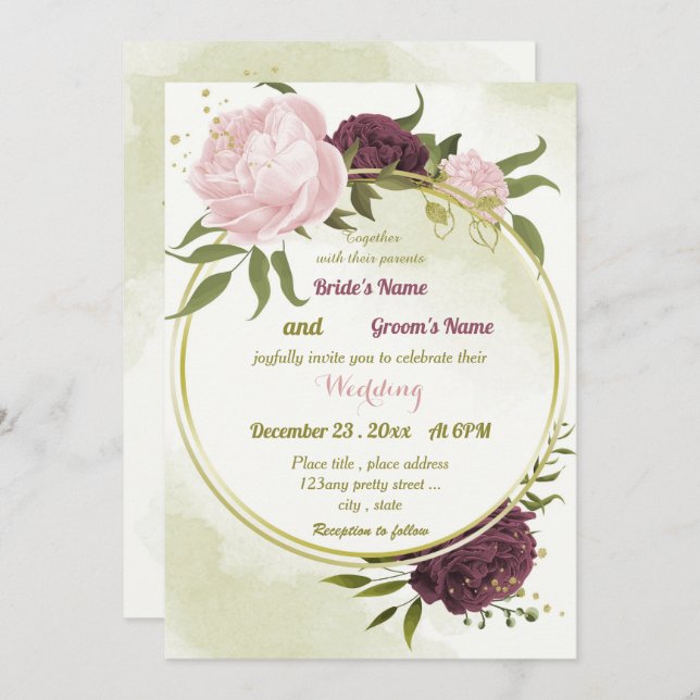 cabernet pink flowers green leaves wedding invitation (Front/Back)
