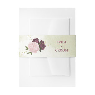 cabernet pink flowers green leaves wedding invitation belly band