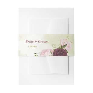 cabernet pink flowers green leaves wedding invitation belly band