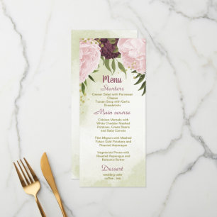 cabernet pink flowers green leaves wedding menu