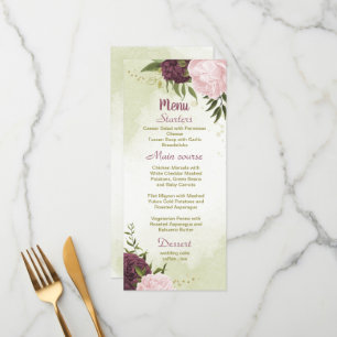 cabernet pink flowers green leaves wedding menu