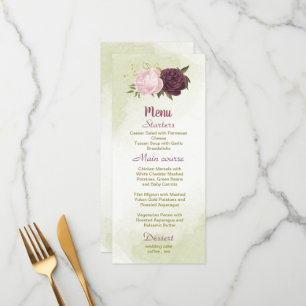 cabernet pink flowers green leaves wedding menu