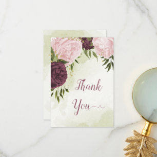 cabernet pink flowers green leaves wedding thank you card