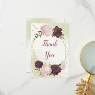cabernet pink flowers green leaves wedding thank you card