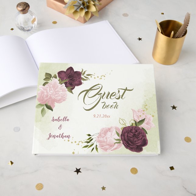cabernet pink flowers greenery  guest book (Front Open)