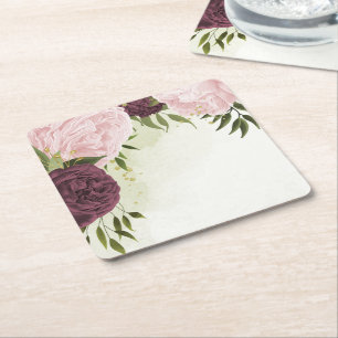 cabernet pink flowers greenery wedding square paper coaster