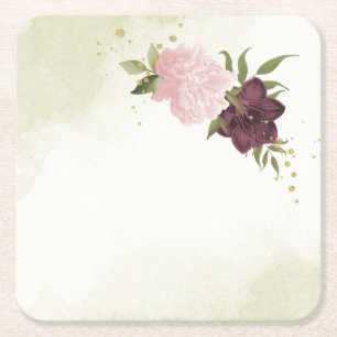 cabernet pink flowers greenery wedding square paper coaster