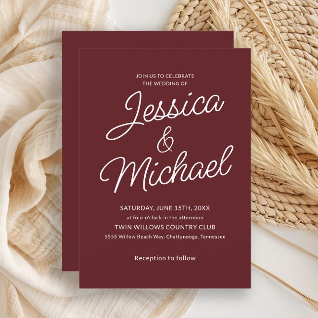 Cabernet Red Script Modern Stylish  Invitation (Burgundy wedding invitation)