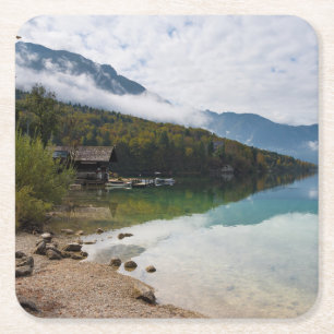 Cabin alongside Bohinj Lake in Slovenia Square Paper Coaster