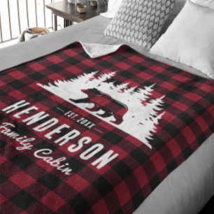 Cabin Bear Family Name Red Buffalo Plaid  Fleece Blanket