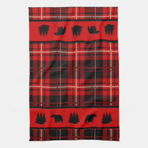Cabin Black Bear Red Plaid Tea Towel