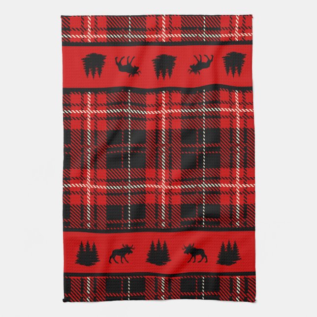 Cabin Black Moose Red Plaid Tea Towel (Vertical)