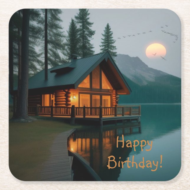 Cabin By Lake Birthday Square Paper Coaster (Front)