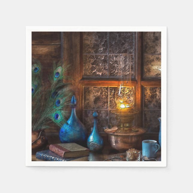 Cabin by lamplight rustic scene blue brown napkin (Front)