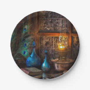 Cabin by lamplight rustic scene brown blue paper plate