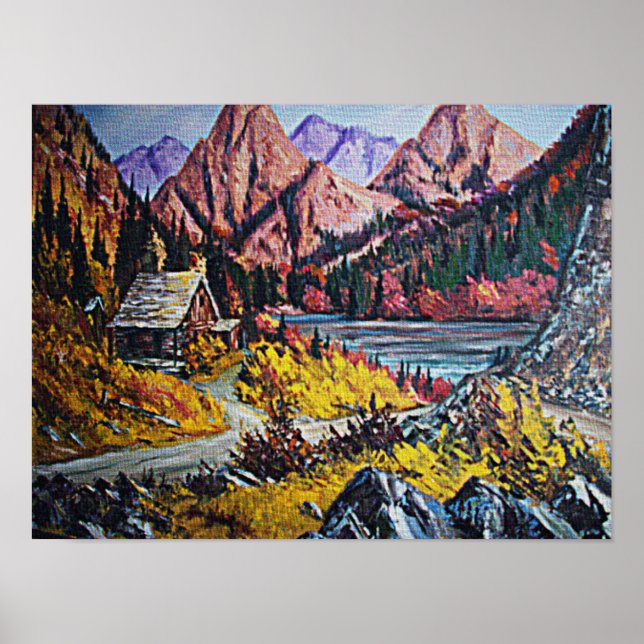Cabin by the Lake Mountains Small Poster (Front)