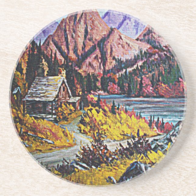 Cabin by the Lake Oil Painting Coaster (Front)