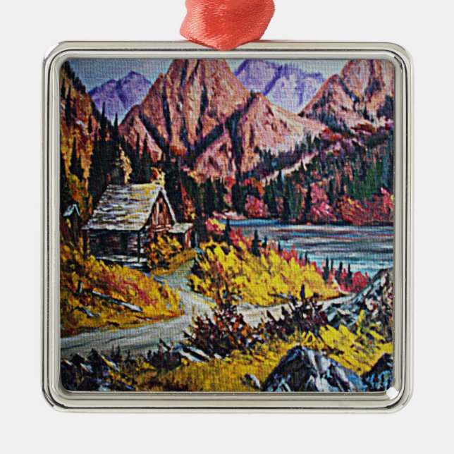 Cabin by the Lake Oil Painting Ornament (Front)