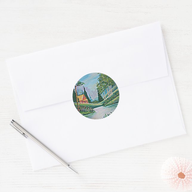 Cabin by the Stream Oil Painting Classic Round Sticker (Envelope)